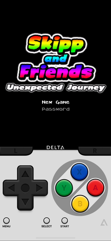 Delta emulator on iPhone showing a retro game with a classic SNES style virtual controller skin