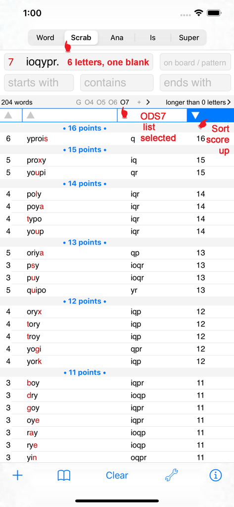 Una lista de sugerencias de palabras francesas para Scrabble ordenadas por valor de puntos en la interfaz de la aplicación F Words Finder.