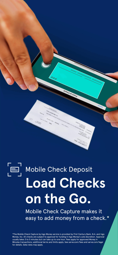 Serve - A person using the Serve app to deposit a paper check using their smartphone camera