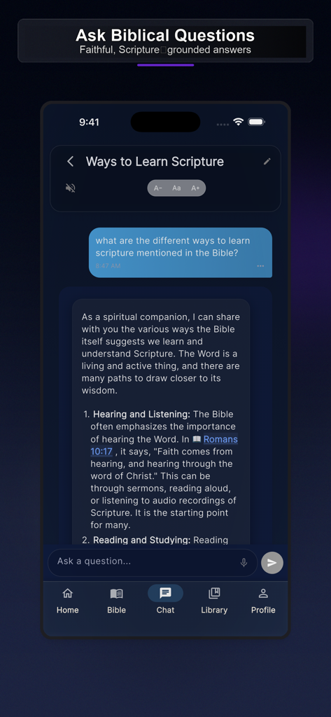 WWJD: Bible Study Companion - Una pantalla de aplicación móvil que muestra a un usuario haciendo una pregunta sobre las escrituras a un compañero bíblico de IA