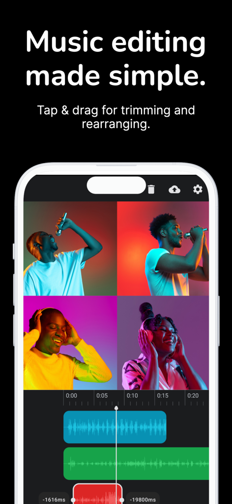 Bandapella - 波形とボーカリストを備えたマルチトラック音楽およびビデオ編集用のBandapellaアプリインターフェイス