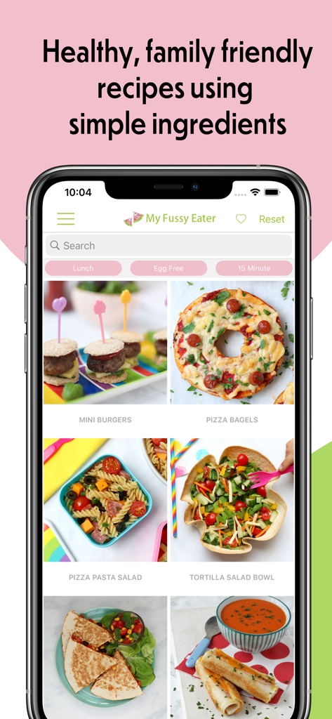 My Fussy Eater 앱 인터페이스에 간단한 재료로 건강하고 가족 친화적인 레시피 표시