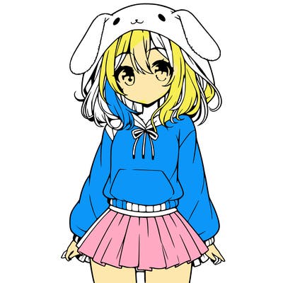 pretty anime girl wearing a fluffy hoodie with bunny ears on the hood and a skirt