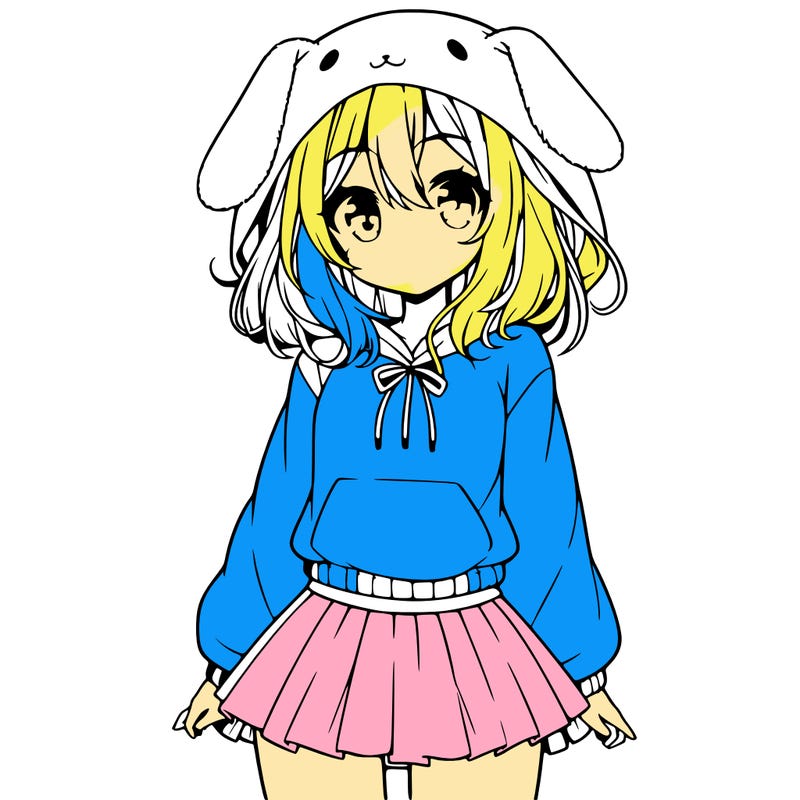 pretty anime girl wearing a fluffy hoodie with bunny ears on the hood and a skirt