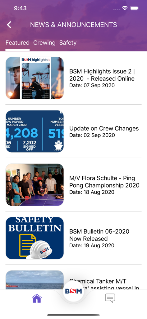 News and Announcements screen in the BSM Seafarer Portal app showing company updates and bulletins
