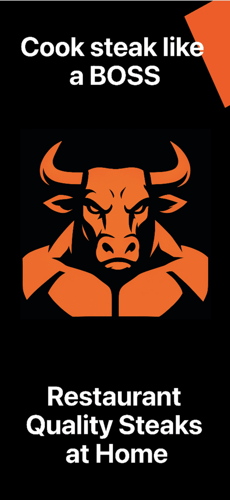 High-Steaks - Schermata dell'app High-Steaks con un mascotte toro arancione muscoloso e il testo Cucina bistecche come un BOSS.