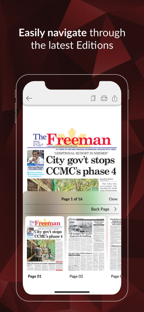 A screenshot of The Freeman Cebu app showing the navigation interface for browsing through different digital newspaper pages and editions.