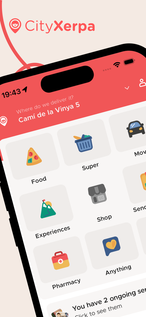 CityXerpa-App-Startbildschirm mit Dienstkategorien für Lieferung und Transport