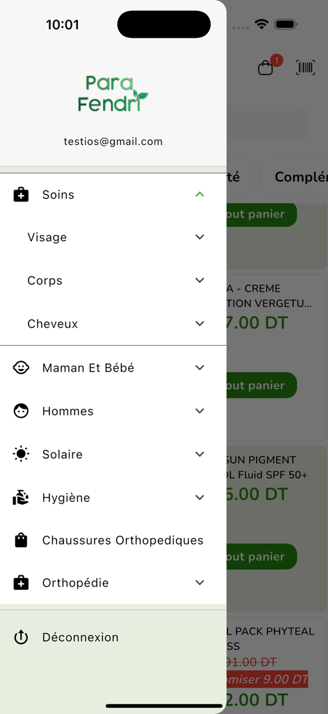 Para Fendri - Para Fendri mobile app side menu showing shopping categories including skincare, baby care, and orthopedic products