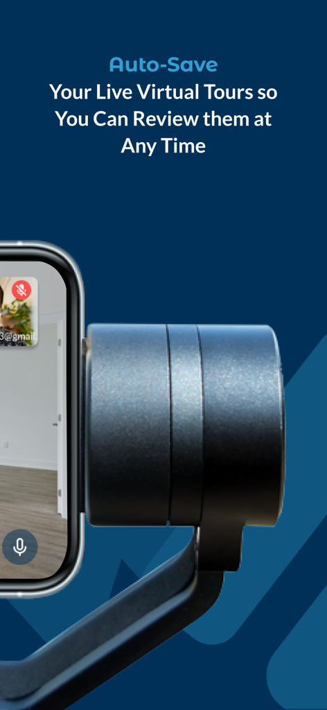 Realync Video Leasing - Smartphone su stabilizzatore che mostra la funzione di salvataggio automatico di Realync per tour virtuali dal vivo di appartamenti