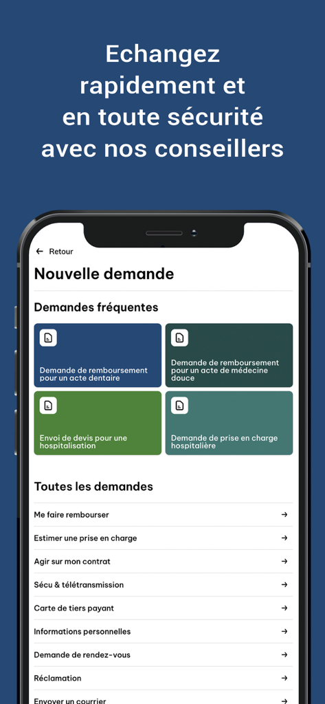 La Mutuelle Verte - Interface de l'application La Mutuelle Verte montrant les options de remboursement des soins de santé et de demandes de services