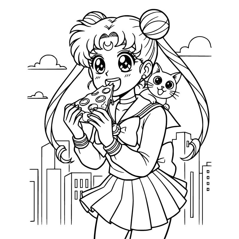 a girl wearing sailor moon style hair eating pizza