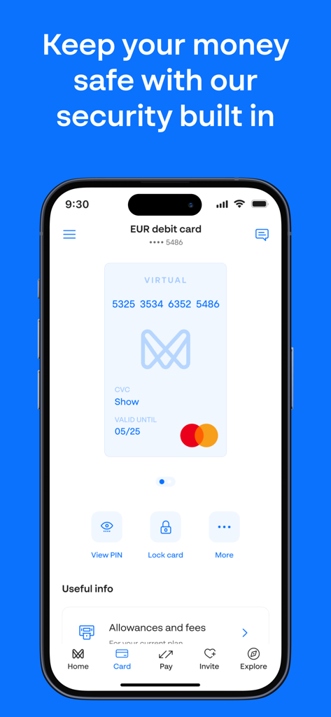 Monese Mobile-App-Schnittstelle mit einer virtuellen EUR-Debitkarte und Sicherheitseinstellungen