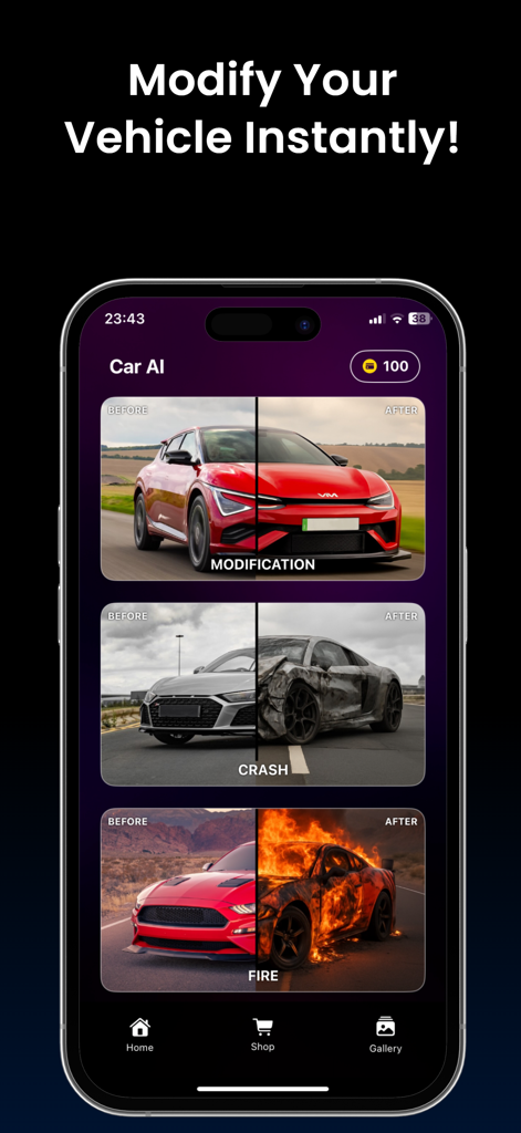 Car AI: Modification Editor - Interface of Car AI app displaying before and after photo transformation modes for car modification crash and fire effects