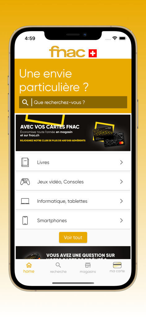 Schermata principale dell'app mobile Fnac Svizzera che mostra le categorie di prodotti per libri, videogiochi ed elettronica con una barra di ricerca e un banner della tessera socio.
