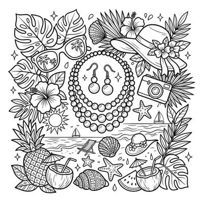 Immerse yourself in the perfect blend of elegance and relaxation with this stunning pearl jewelry and summer vacation coloring page. Discover a beautifully detailed illustration filled with tropical elements and classic pearls, ready for your creative touch.