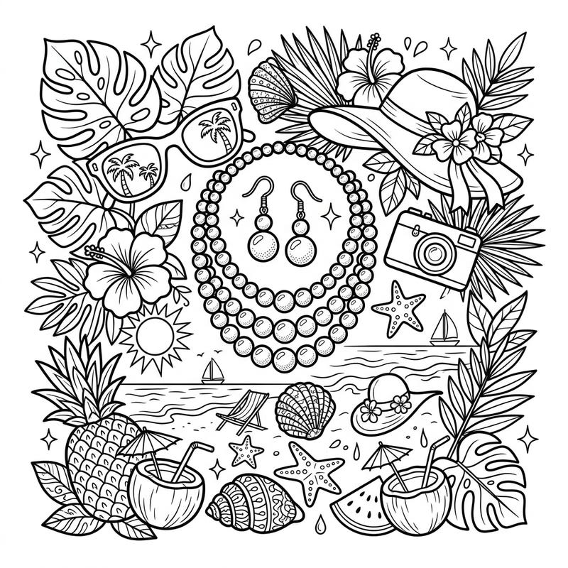 Immerse yourself in the perfect blend of elegance and relaxation with this stunning pearl jewelry and summer vacation coloring page. Discover a beautifully detailed illustration filled with tropical elements and classic pearls, ready for your creative touch.