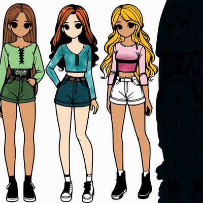 group of 4 realistic girls full body