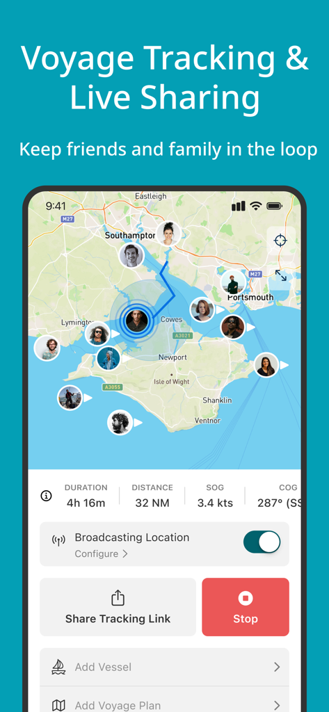 SailTies app interface showing a live GPS tracking map of a sailing voyage with crew member icons and voyage statistics