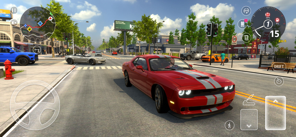A red muscle car with white stripes driving in an open world city environment.