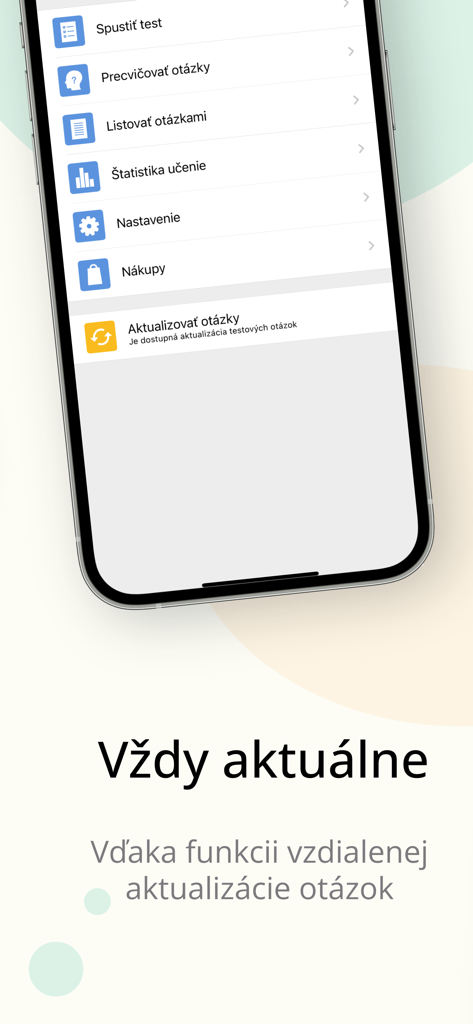 Main menu screen of the Autoškola 2026 SK driving school app showing test options and update notification