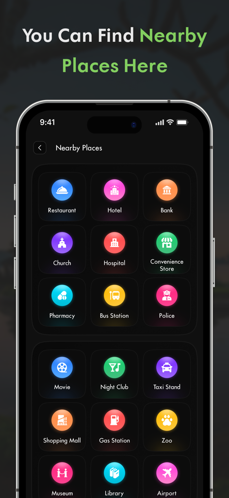 Interfaz de la aplicación Street View Maps que muestra una cuadrícula de categorías de lugares cercanos, incluidos restaurantes, hoteles y bancos.