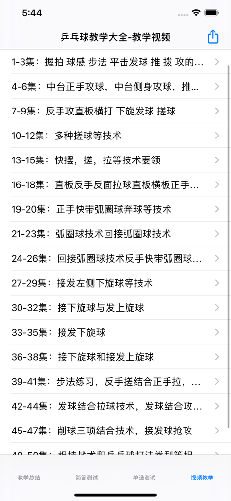 Eine mobile App-Oberfläche, die eine Liste von Tischtennis-Videotutorials anzeigt, die nach Lektionsnummern geordnet sind.