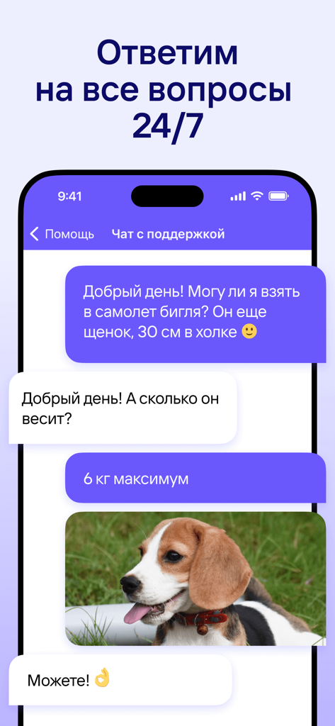 Tutu.ru: flights, railway, bus - Uno screenshot dell'app di viaggio Tutu che mostra una chat di supporto clienti 24 ore su 24, 7 giorni su 7 su come viaggiare con un beagle domestico