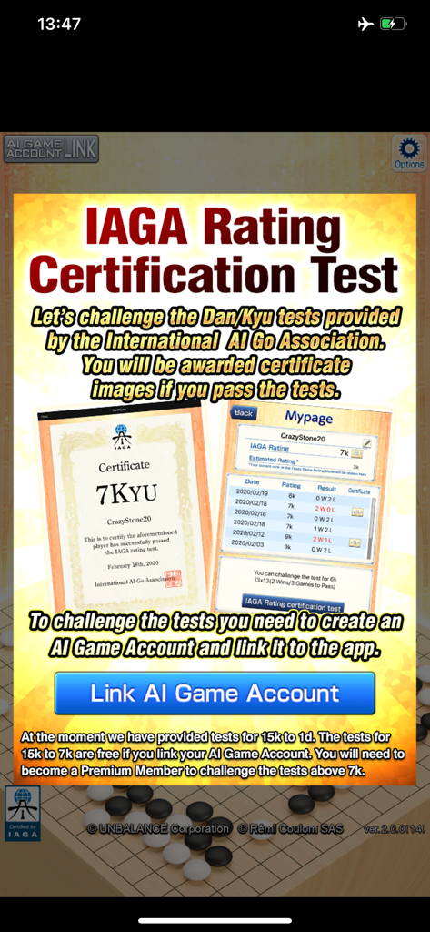 IAGA Rating Certification Test screen in the CrazyStone DeepLearning Go app showing Dan and Kyu ranking details
