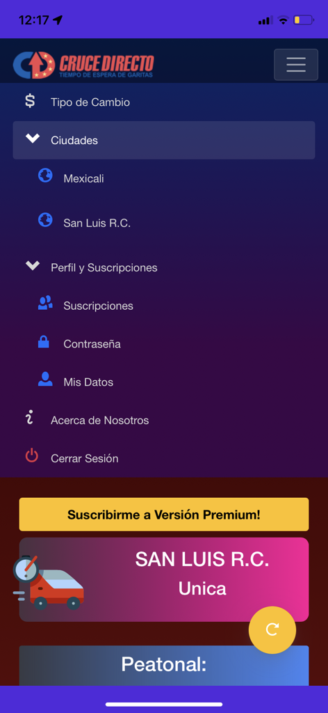 Cruce Directo Garitas - Navigation menu of Cruce Directo Garitas app showing border city selections and account settings