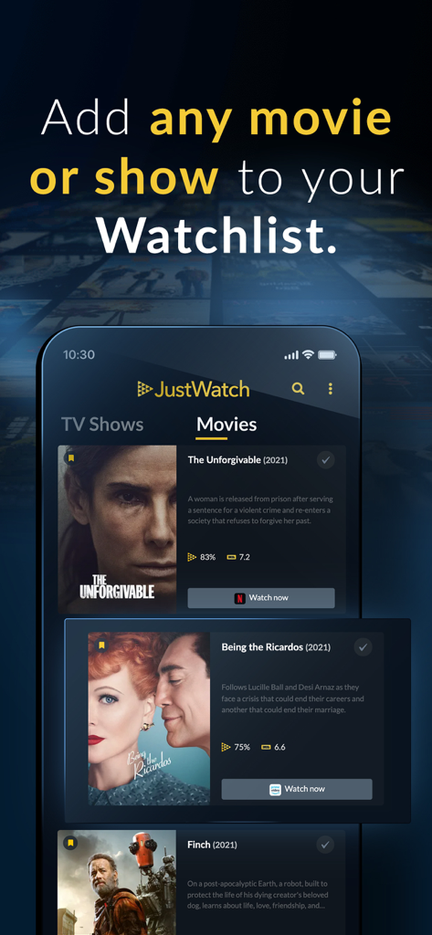 JustWatch mobile interface showing the movie and TV show watchlist feature with streaming service links