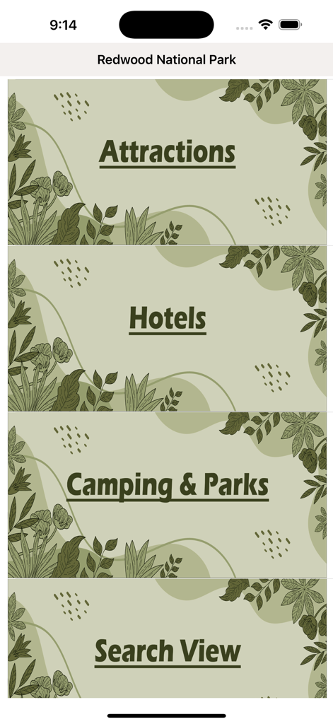 Redwood = National Park - Redwood National Park app menu screen showing buttons for attractions hotels camping and search view