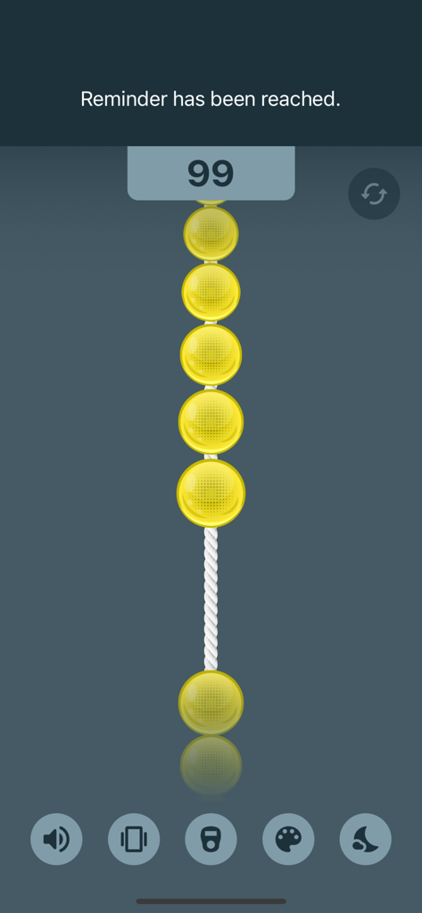 Real Tasbih Counter: Misbaha - Digital tasbih counter showing 99 prayer beads reached with a reminder notification