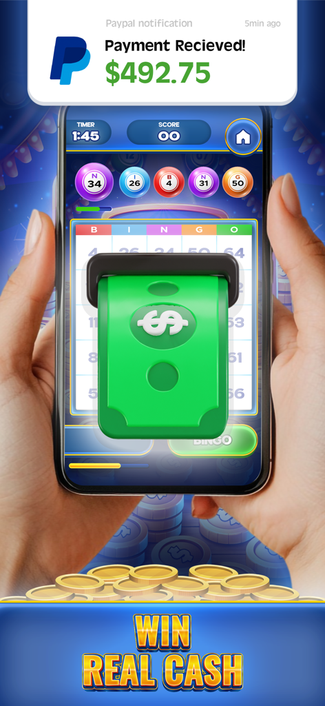 Cash Prize Bingo - A mobile phone displaying Cash Prize Bingo gameplay with a PayPal payment notification and cash prizes