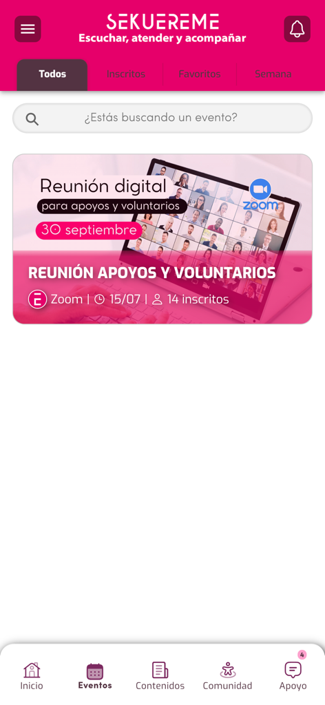 Sekuereme - Sekuereme app events screen showing a digital meeting for support and volunteers
