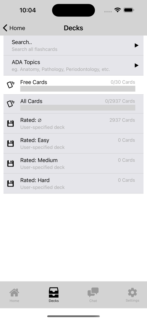 Uno screenshot dell'app ADA ADAT Q-Bank che mostra mazzi di studio classificati per livello di difficoltà.