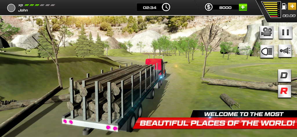 Cargo Dump Truck Driving Pro - A red semi truck carrying a load of timber through a green mountainous landscape in a driving simulator