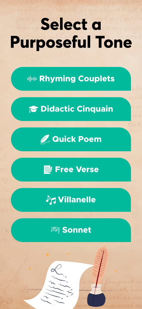 AI Poem Generator and Maker - Ein Menübildschirm in der KI-Gedichtgenerator-App, der verschiedene Gedichtstile wie Sonett und Freier Vers zur Auswahl durch den Benutzer zeigt.