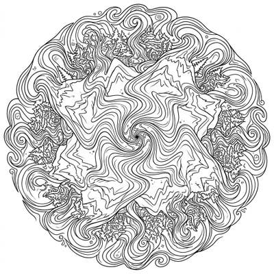 Dive into a mesmerizing world with this unique psychedelic nature mandala. Its intricate design combines majestic mountains, serene forests, and flowing rivers in a symmetrical, trippy pattern perfect for imaginative coloring.