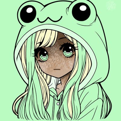 a pretty girl wearing a frog hoodie portrait with long hair