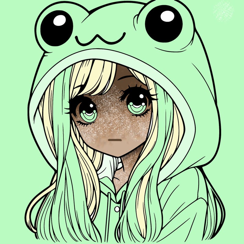 a pretty girl wearing a frog hoodie portrait with long hair
