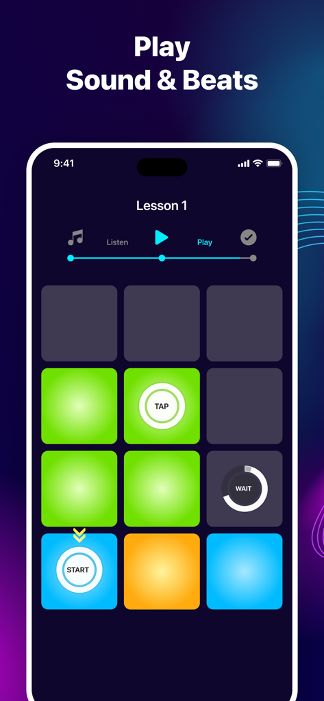 Music Pads: Beat Maker Machine - A mobile interface for Music Pads showing a step by step beat making lesson with colorful interactive drum pads