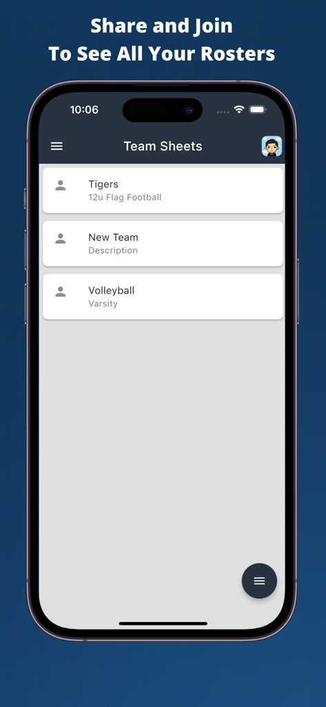 A smartphone displaying the Team Sheets app interface with a list of managed sports team rosters for football and volleyball.