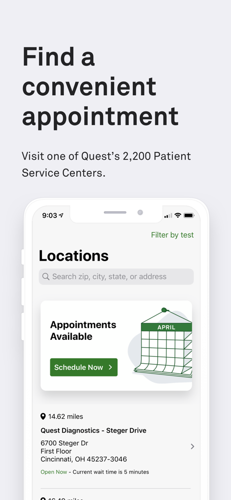Mobile app interface for finding and scheduling medical lab appointments at Quest Diagnostics centers.