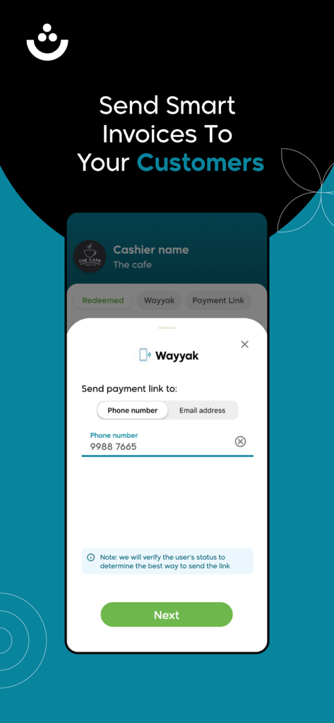 Thawani Tajer - Interfaz de la aplicación móvil de Thawani Tajer que muestra la función para enviar facturas inteligentes y enlaces de pago a los clientes por número de teléfono o dirección de correo electrónico.