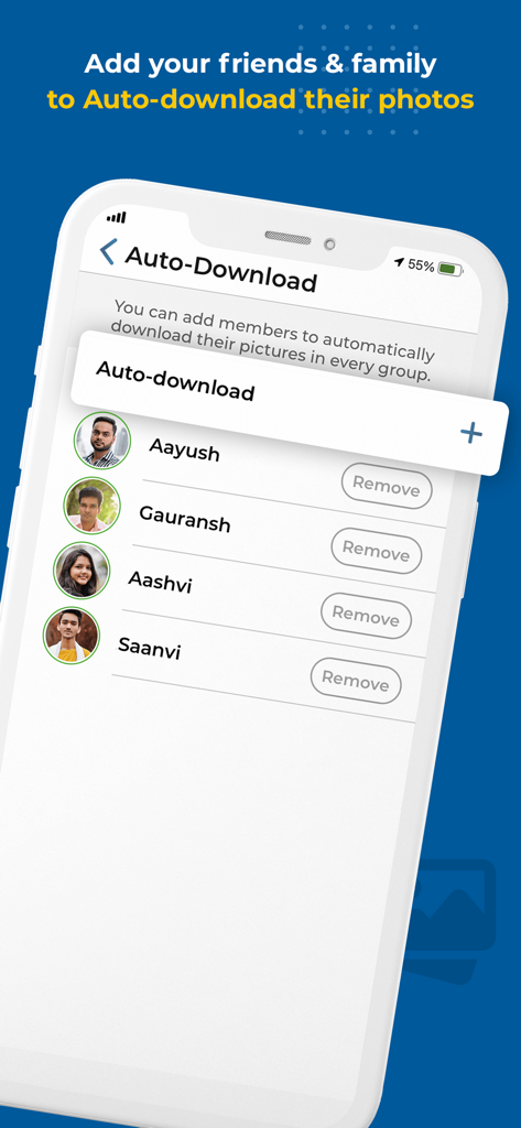 Kwikpic app screen showing the auto-download feature with a list of friends and family members.