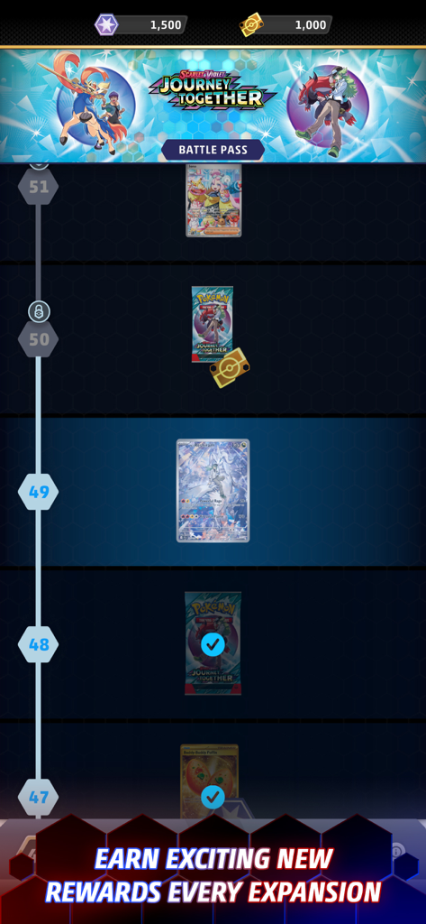 Pase de Batalla de Pokémon TCG Live mostrando recompensas de expansión y paquetes de cartas.