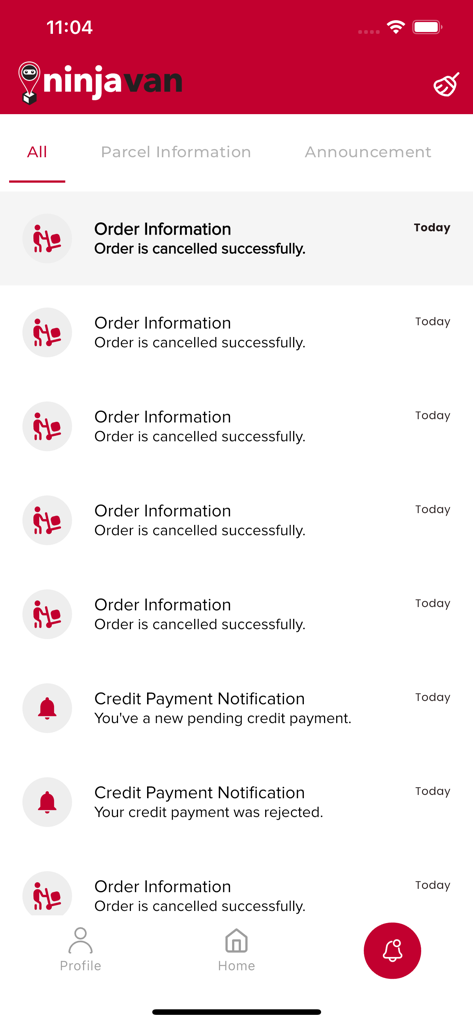 Ninja Van Myanmar - Screenshot del centro notifiche nell'app Ninja Van Myanmar che mostra cancellazioni di ordini e aggiornamenti sullo stato dei pagamenti