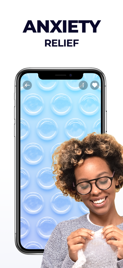 Smartphone screen showing virtual bubble wrap texture next to a woman popping real bubble wrap for anxiety relief