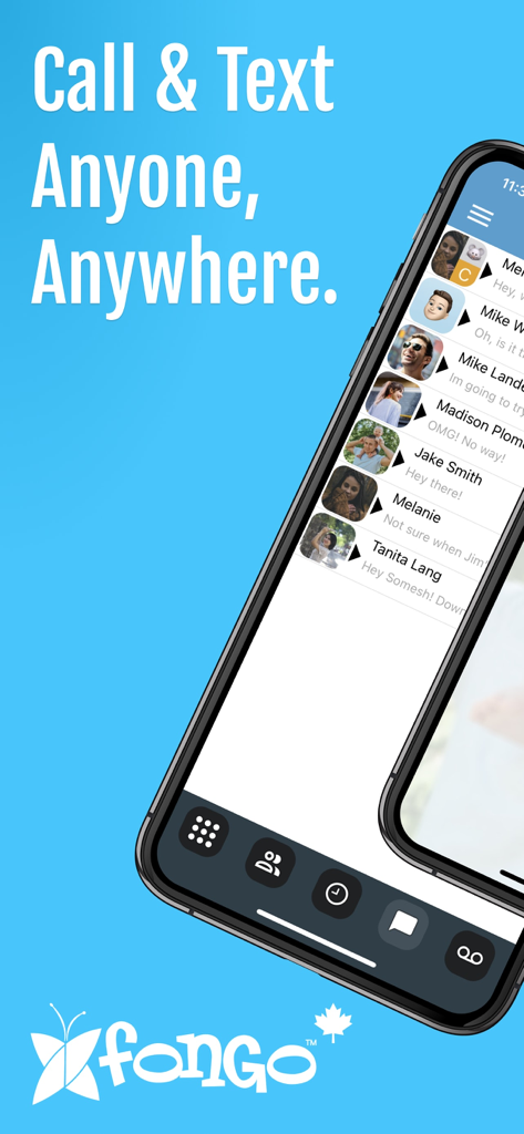 Fongo World Edition - Fongo World Editionアプリが表示されているスマートフォンの画面。「どこにいても、誰にでも電話・テキスト」というスローガンが表示されています。